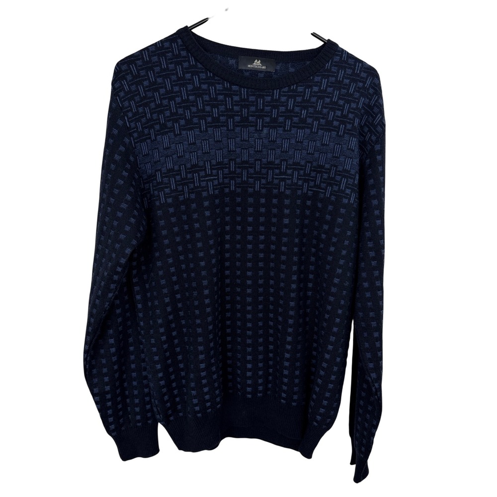 Montechiaro Sweater Mens XL Black Blue Geometric Textured Knit Crew Neck